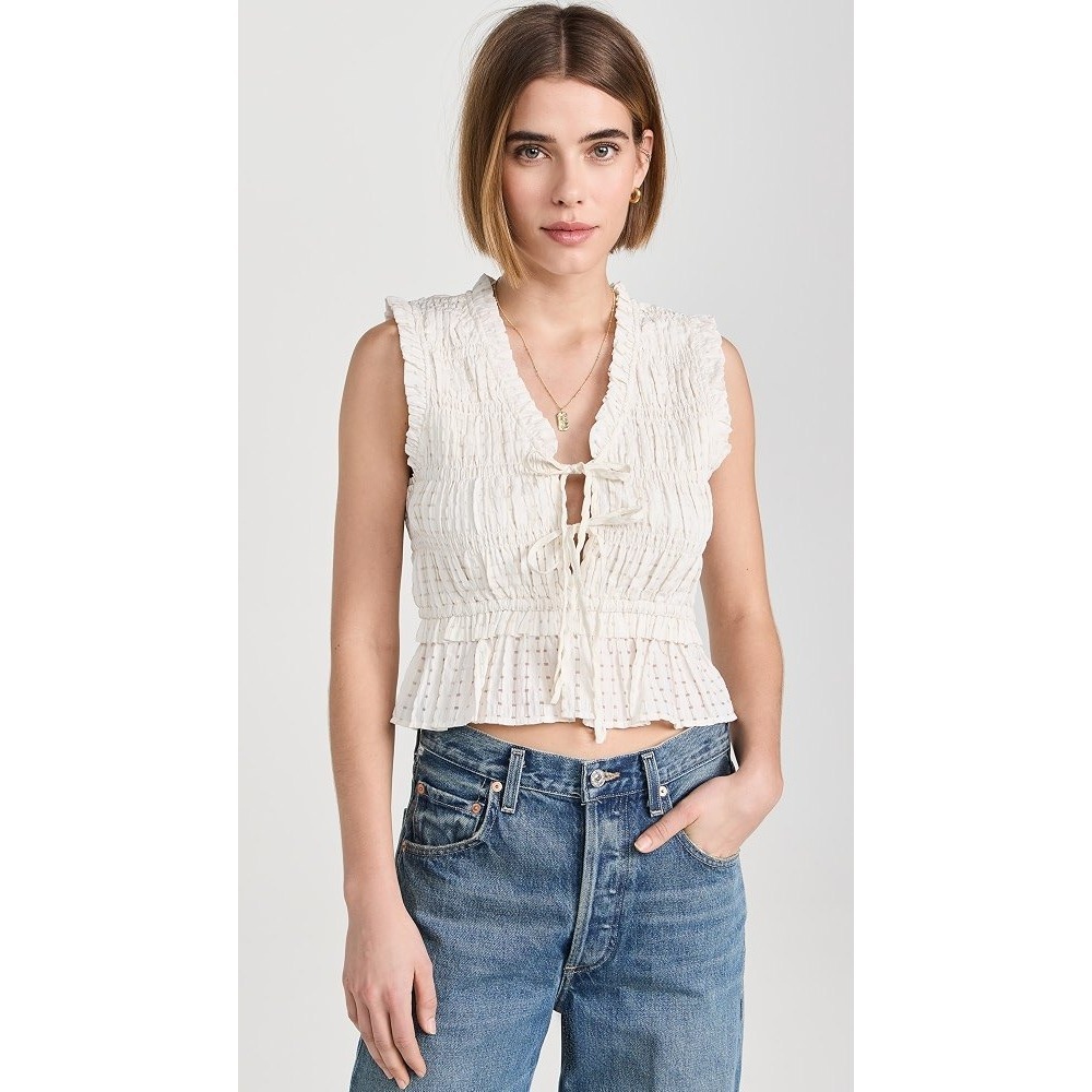 Rails Ivory Martine Top Smocked Ruffle Tie Front Large